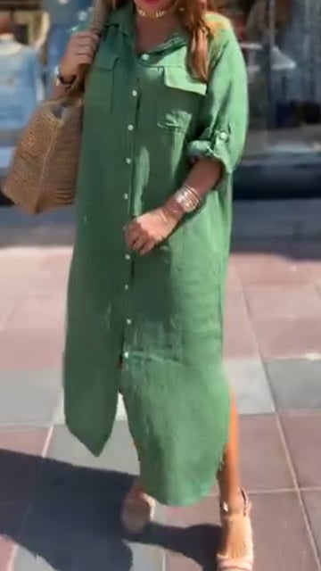 Solid Color Button Down Slit Loose Casual Shirt Dress