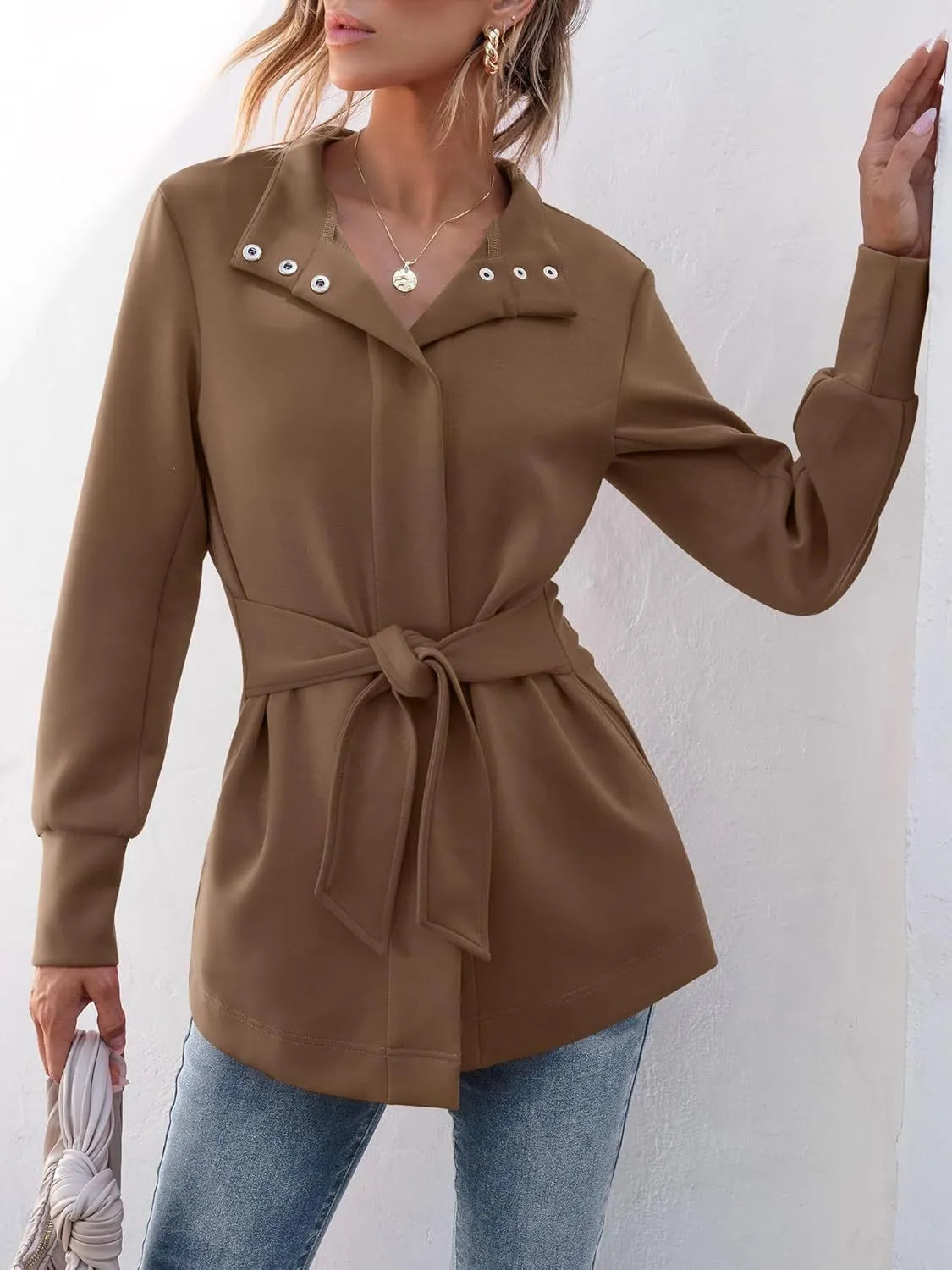 ✨WOMENS JACKET BELTED CASUAL WRAP TRENCH COAT BUTTON UP DRESSY OUTERWEAR WITH POCKETS