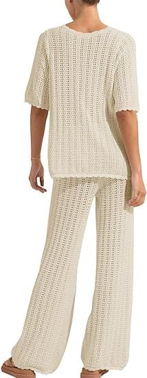 Women's Summer 2-Piece Swimsuit Coverup Crochet Knit Cardigan Tops Long Pants Set Bathing Suit Beach Outfit