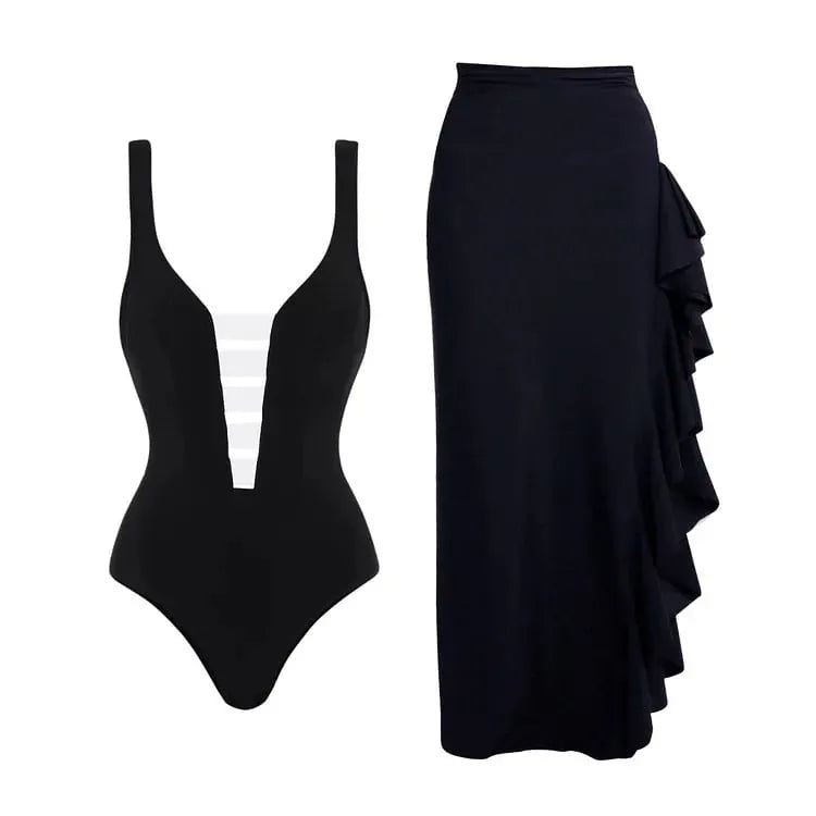 Black and White Color-Block Minimalist One-Piece Swimsuit with Wrap Skirt Set