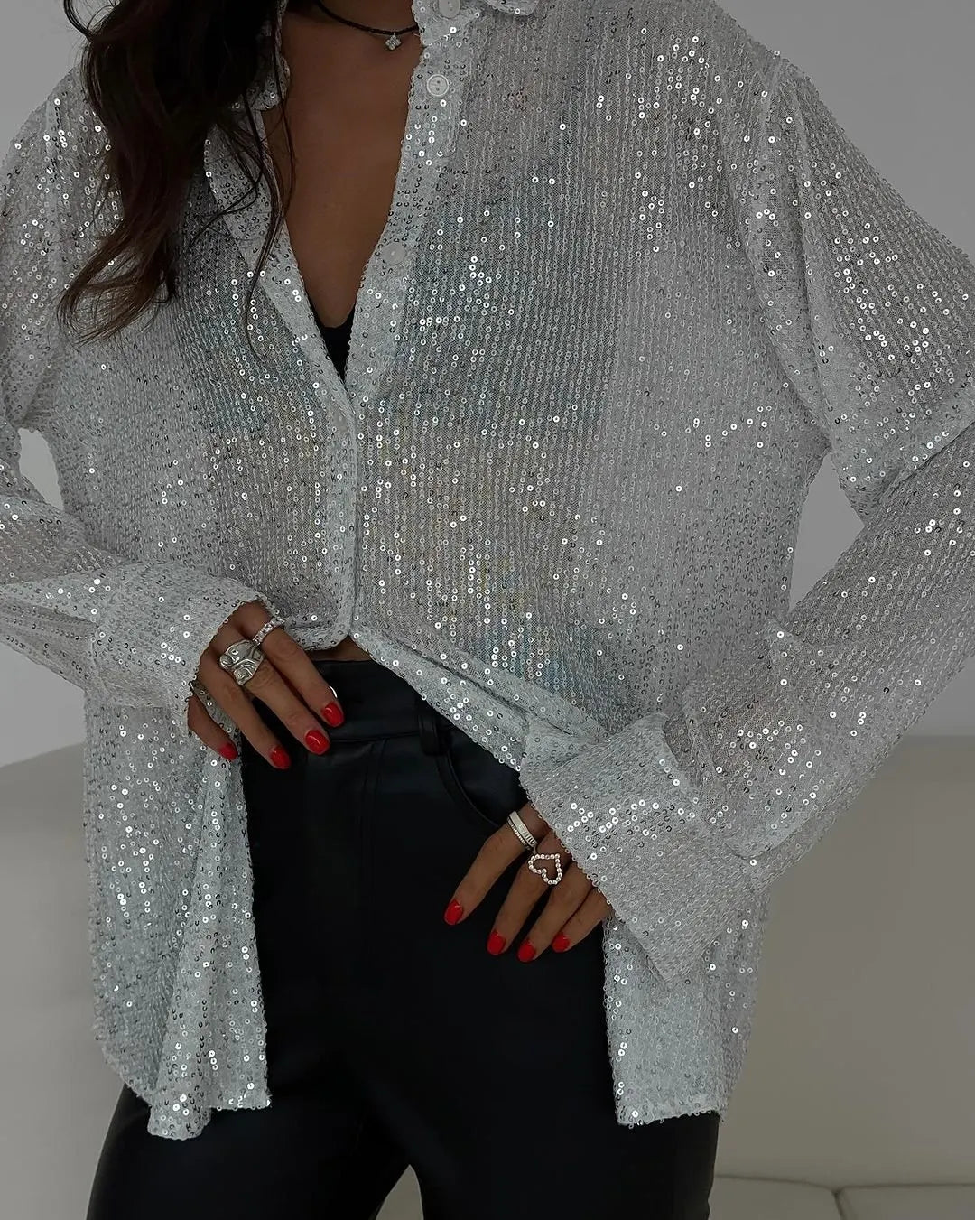 Sequins Long Sleeve Collared Shirt