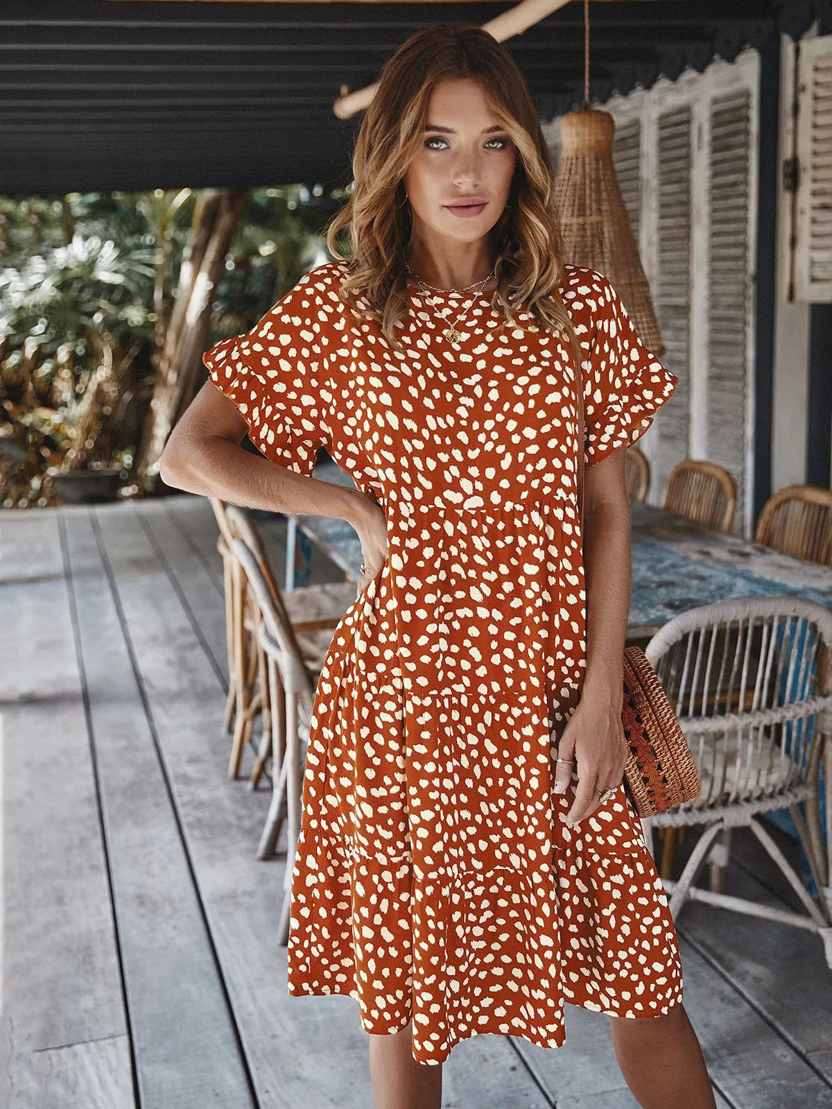 Round neck polka dot print midi dress