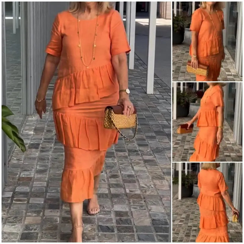 🌸Spring Specials💐 Women's Pleated Tiered Round Neck Solid Dress