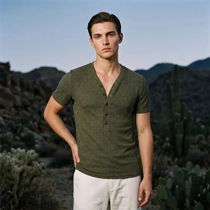 🎉⏰Men's Spring Textured Dual-Color Striped V-Neck Tee 👕 Bold Stripes, Deep V – A Modern Athletic Fit for Training & Beyond ✨