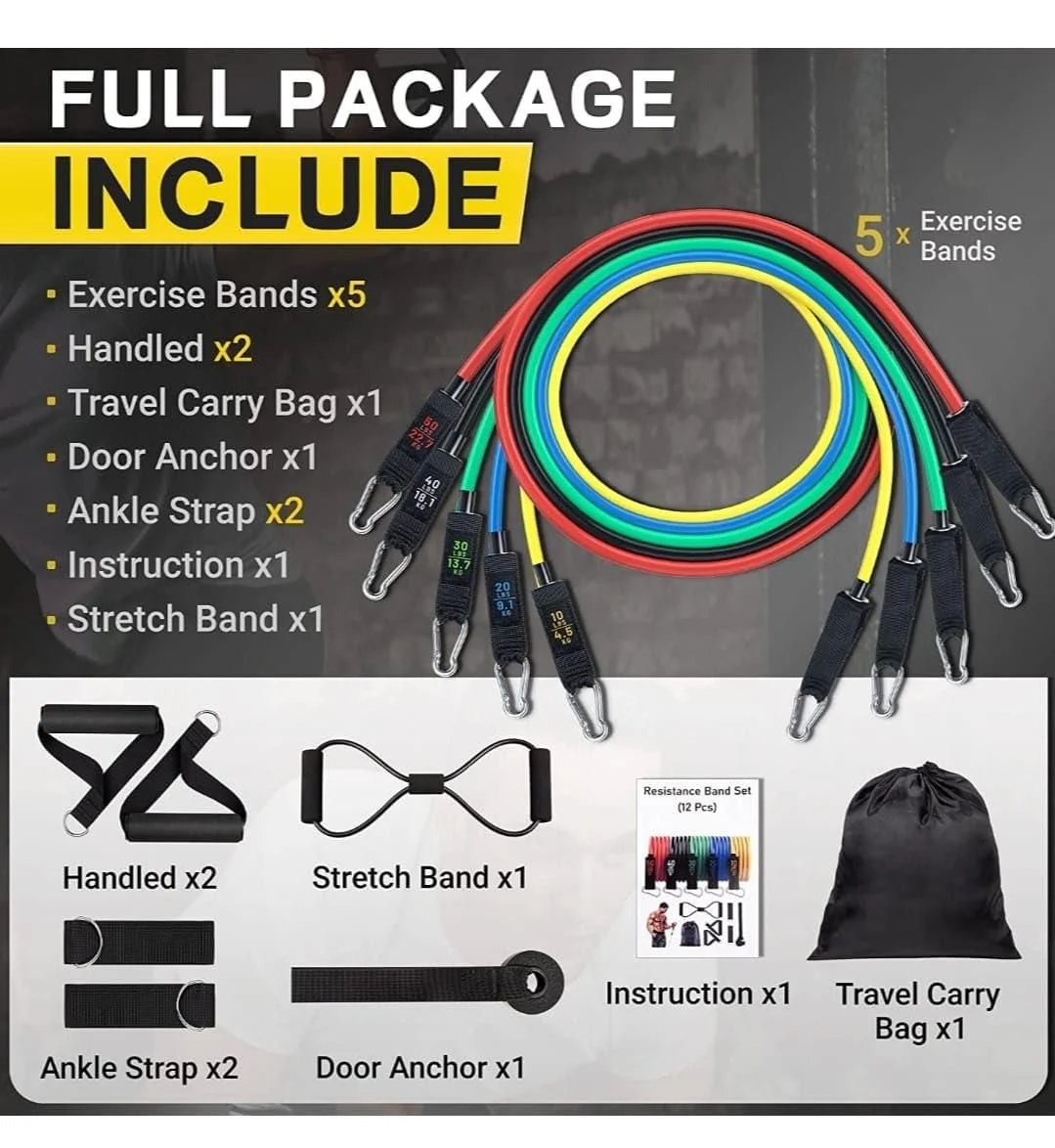 🎉🏋️‍♂️ 11-Piece Fitness Resistance Bands Kit – For Strength, Weight Loss & Home Training
