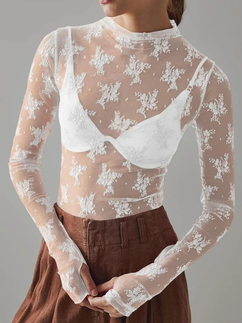 Women's Floral Lace Thumb Hole Sheer Tee