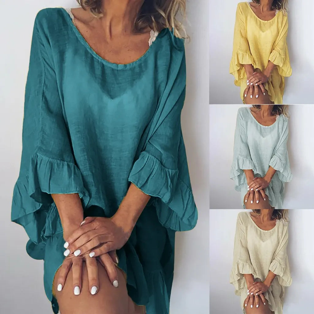 Cotton Linen Solid Color Ruffle Sleeve Loose Blouse