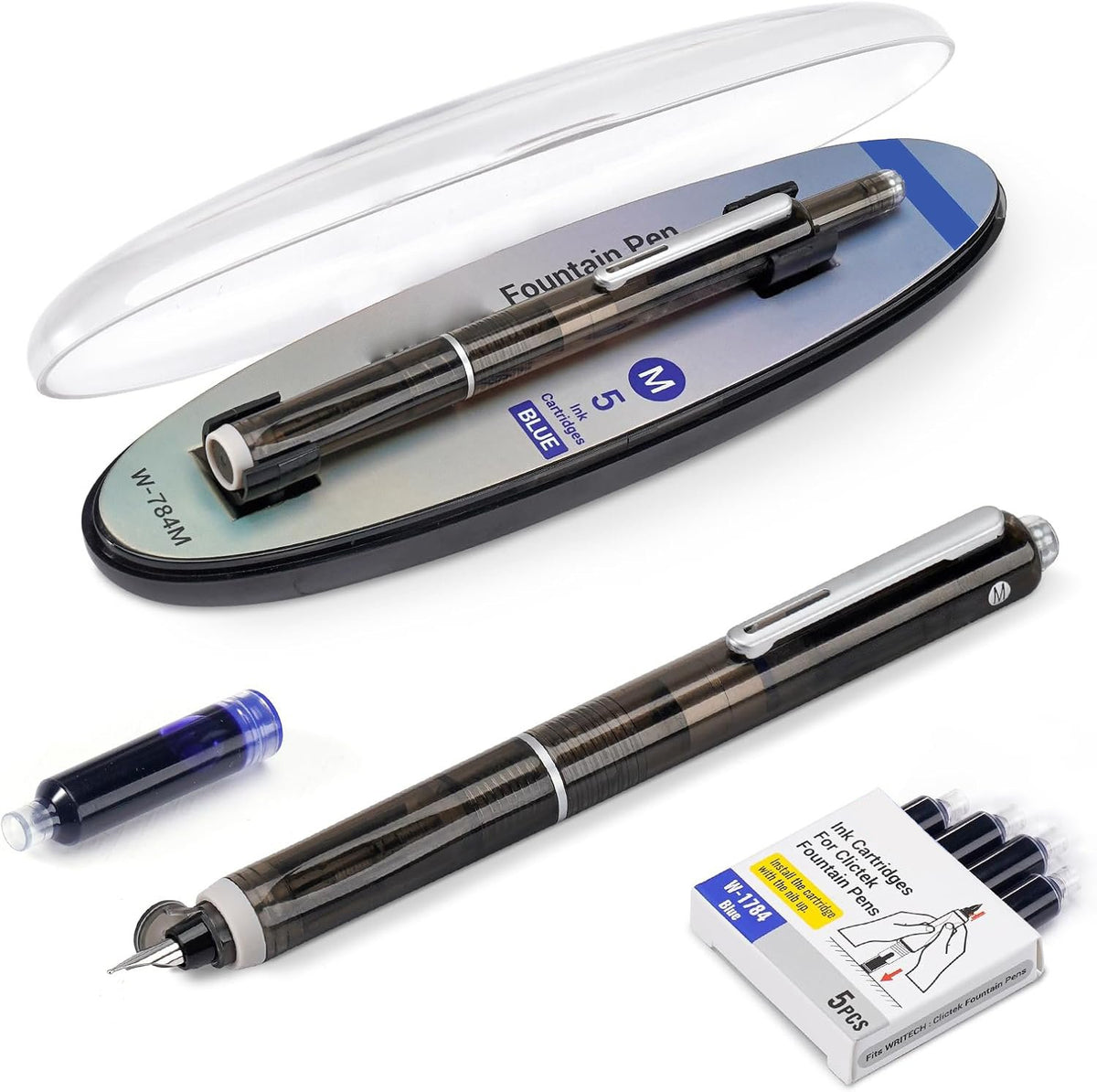 🔥HOT SALE🔥Fountain Pen Retractable:0.38mm Blue&Black Ink Transparent Barrel Includes 5 Refillable Ink Cartridges