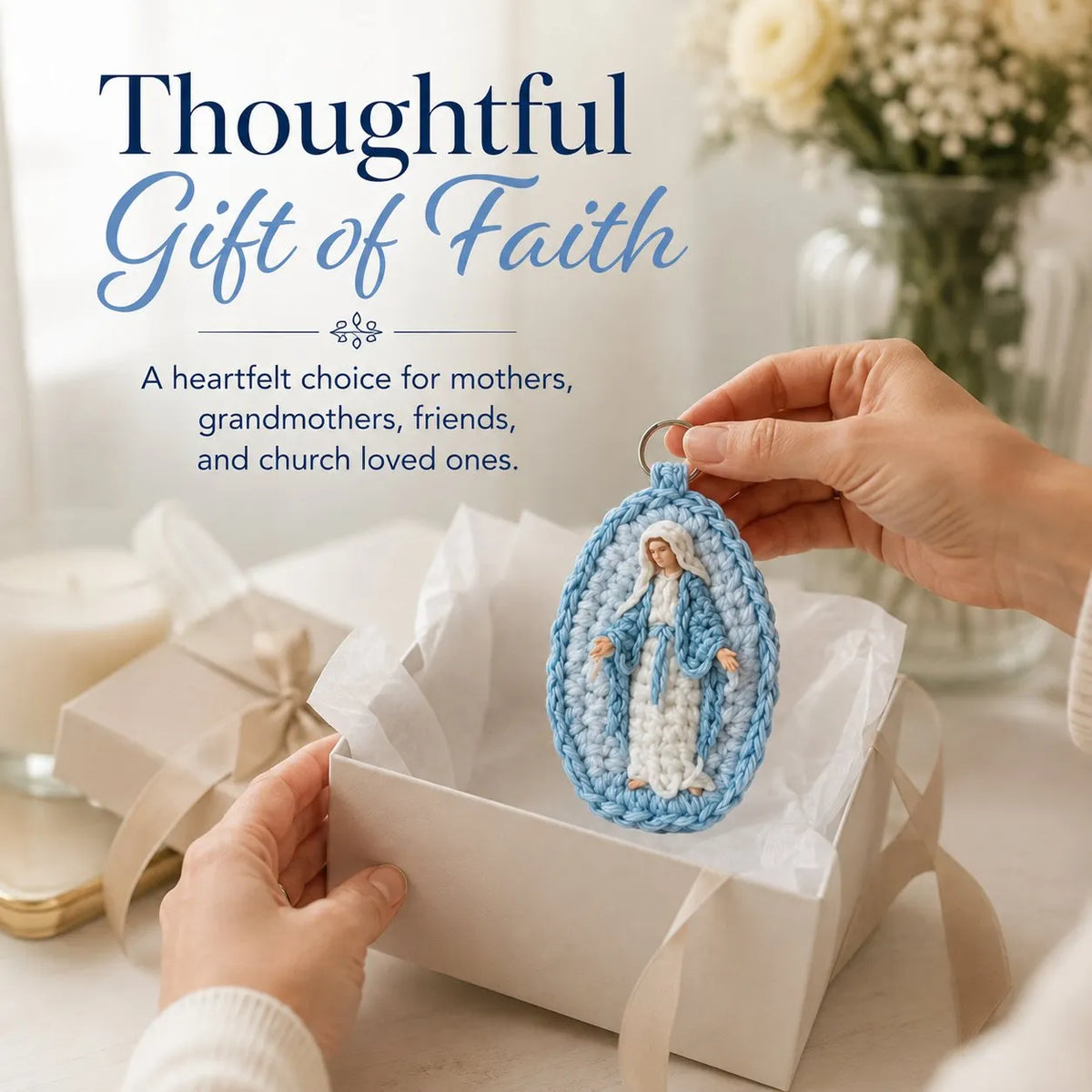 🙏 Handmade Marian Crochet Keychain Keepsake | Soft Blue-and-White Yarn, Raised Oval Crochet Frame & Metal Split Ring 💙✨