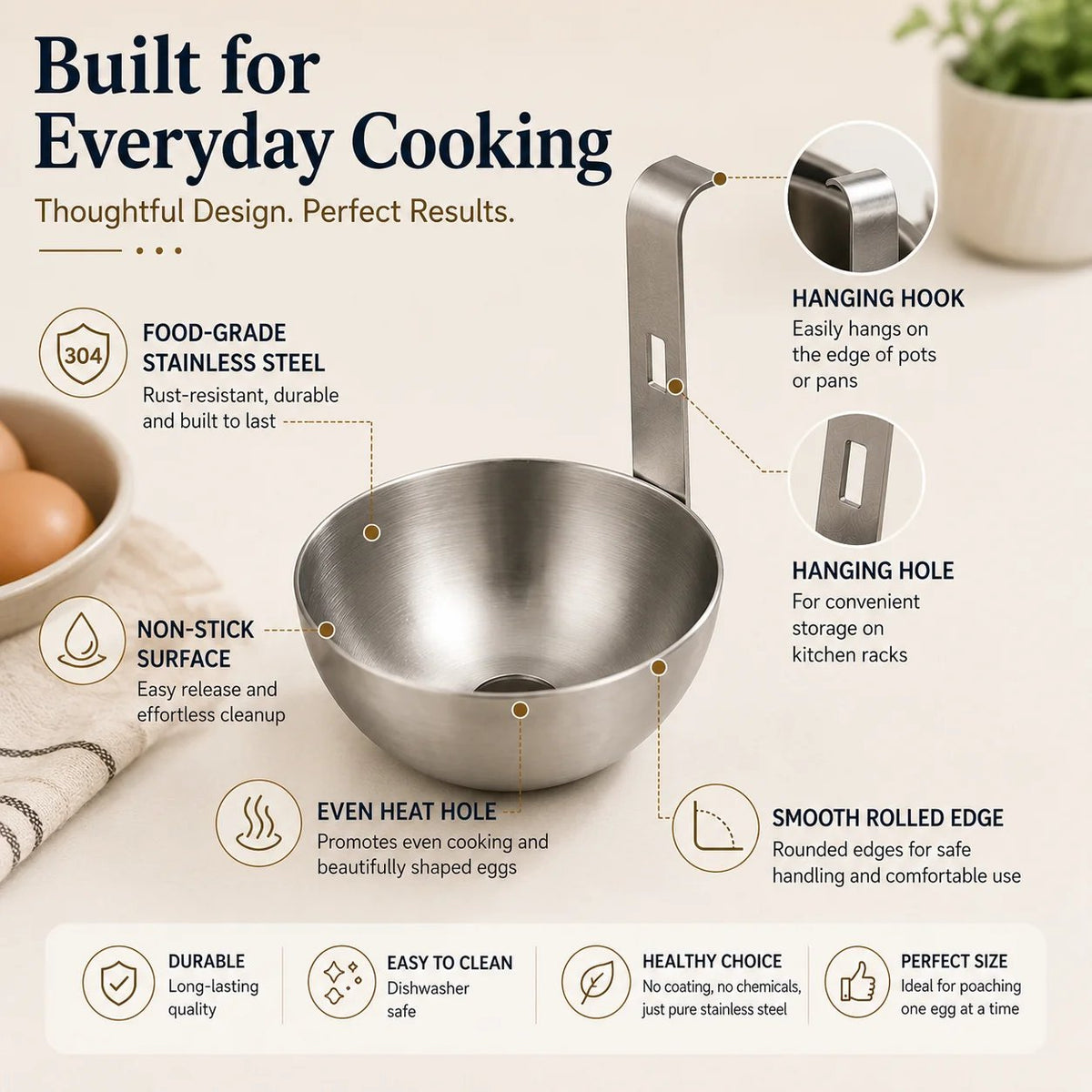 🔥HOT SALE🔥 Stainless Steel Egg Poacher Cup – Hanging Pan Egg Cooker for Perfect Round Eggs