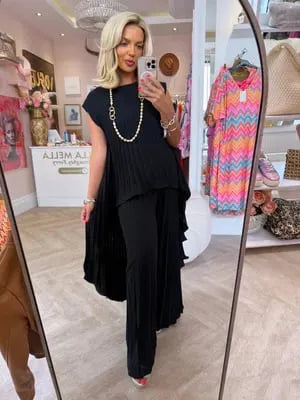 🔥Laney Pleated Short Sleeve Irregular Midi Top and Elastic Waist Wide Leg Pants Set✨