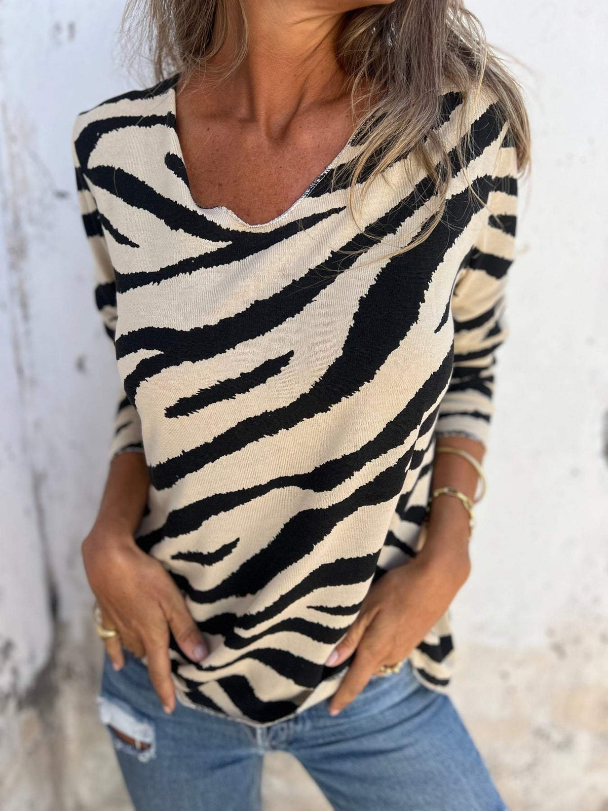 Casual V-neck Zebra Print Top (Buy 2 Free Shipping)
