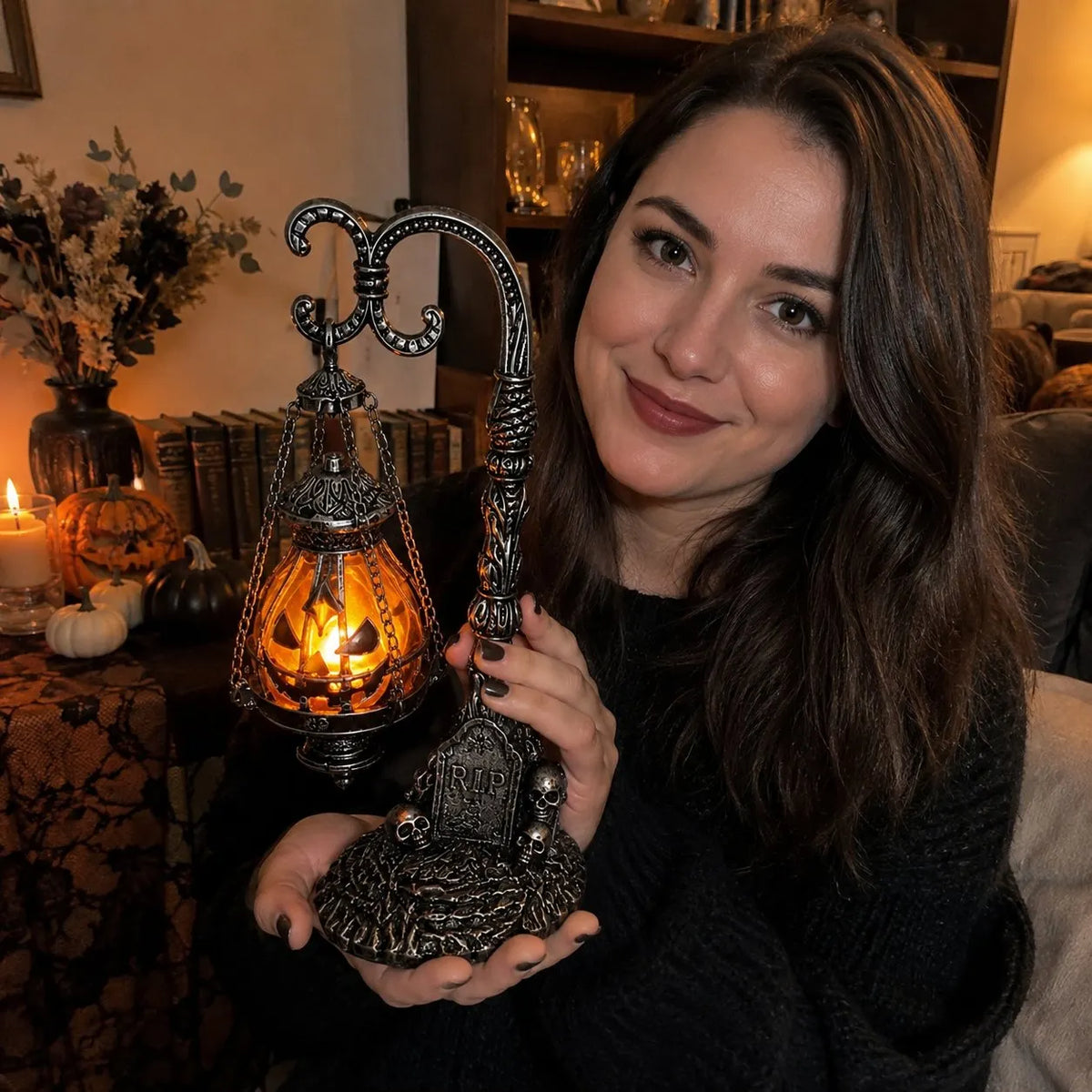 🔥HOT SALE🔥🎃 Gothic Pumpkin Lantern Stand | Warm Orange LED Glow, Victorian Skull Details & Haunted Shelf Decor 🕯️