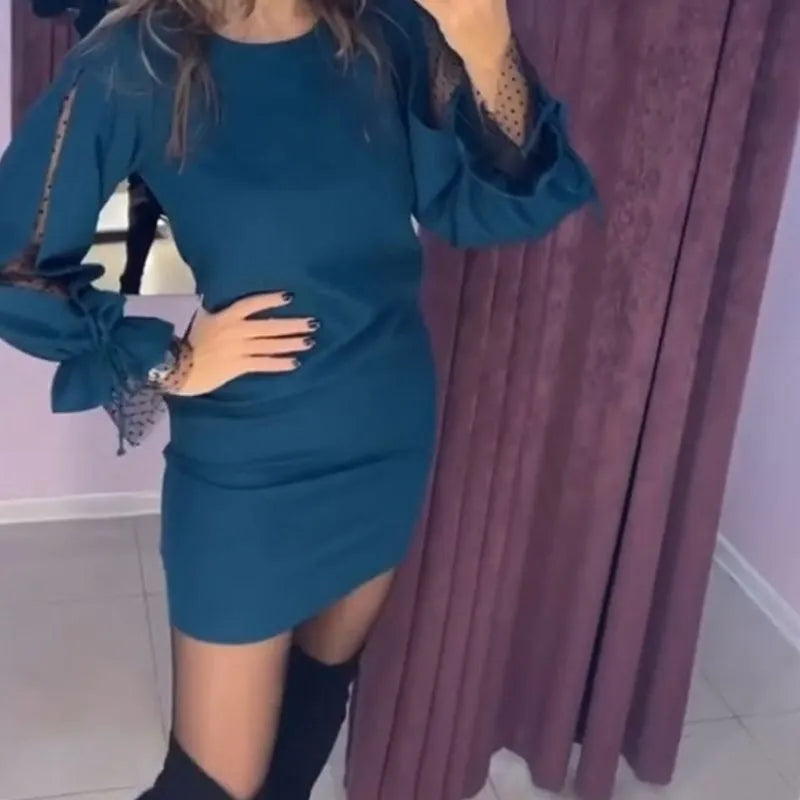 ✨ Long Sleeve Mesh Dress with Round Neck 💃