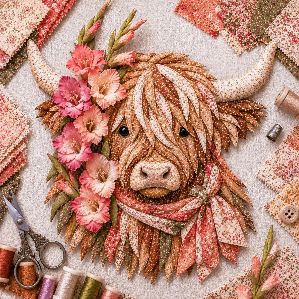 🎉💐🌸 Birth Flower Highland Cow 3D Layered Fabric Art DIY Kit (Beginner-friendly) 🔥 Buy 2 Free Shipping