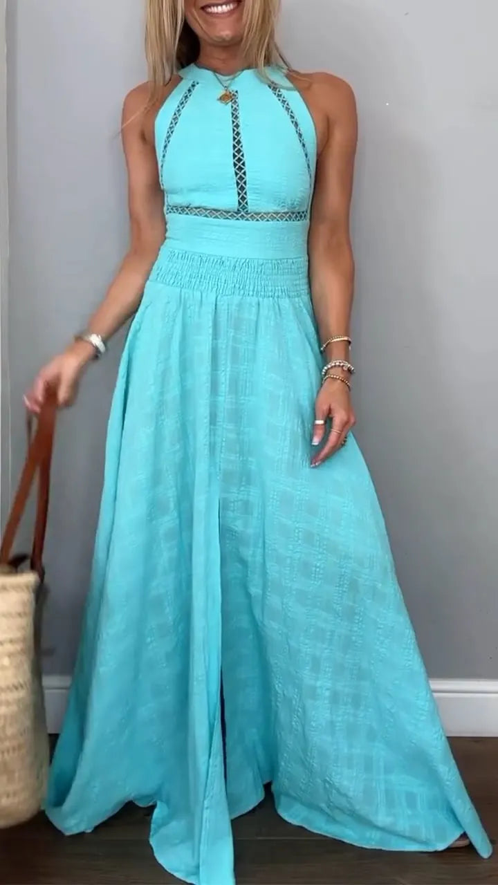 Women's Round Neck Sleeveless Hollow Back Tie Holiday Dress