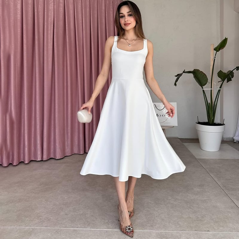 Solid color square neck sleeveless halter dress
