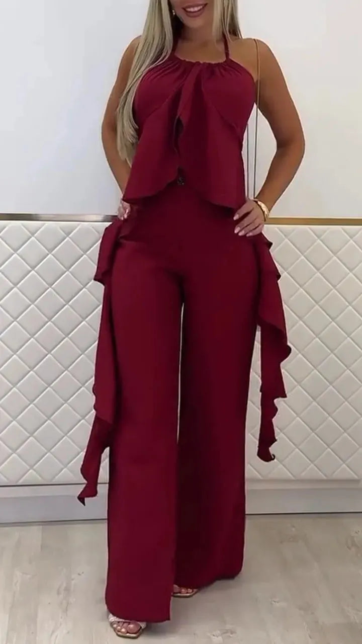 Solid-color sleeveless irregular halter top, casual trousers and fashionable set