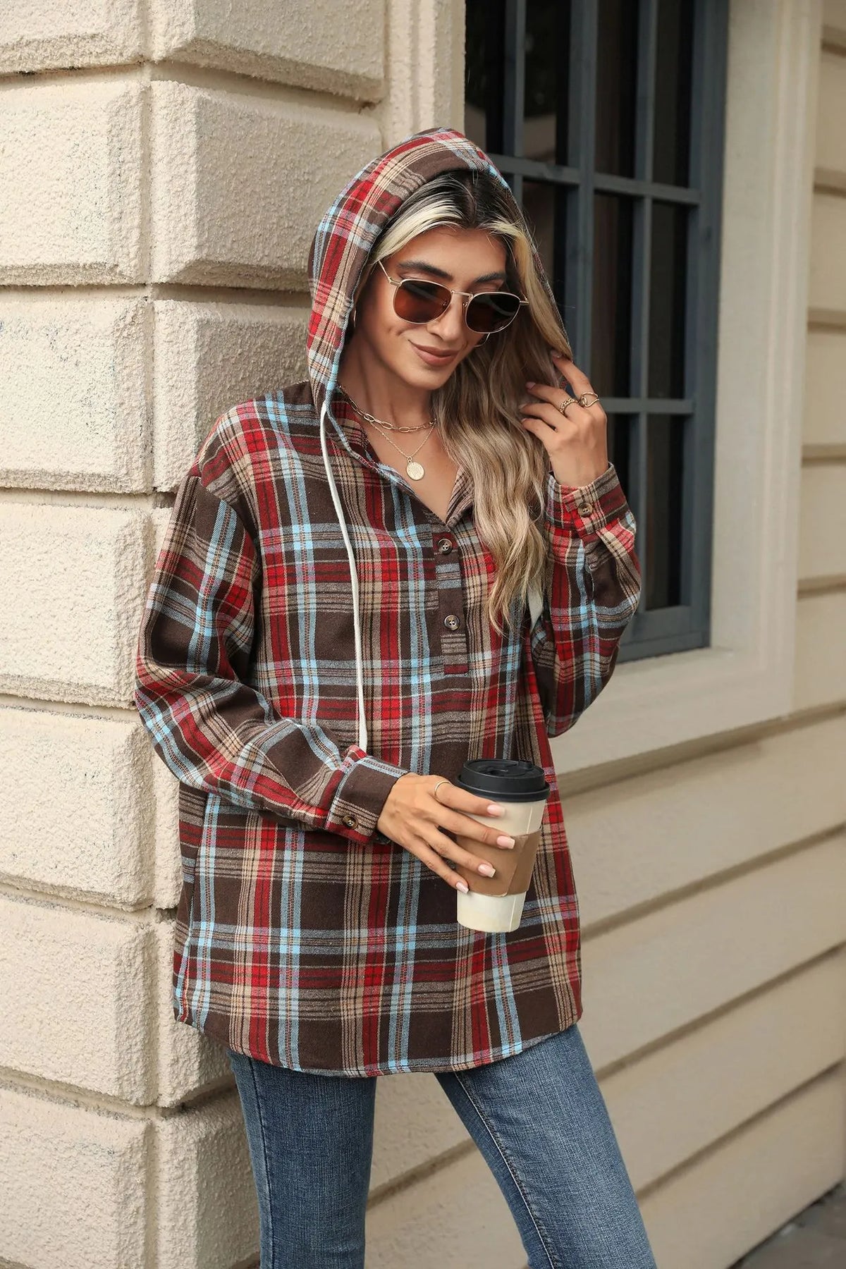Women Autumn Winter Loose Long Sleeve Hooded Button Plaid Coat