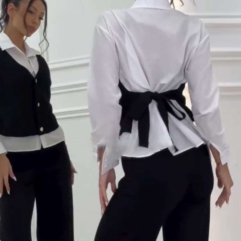 Damen Set aus Hemd mit Weste in Layering-Optik und Hose