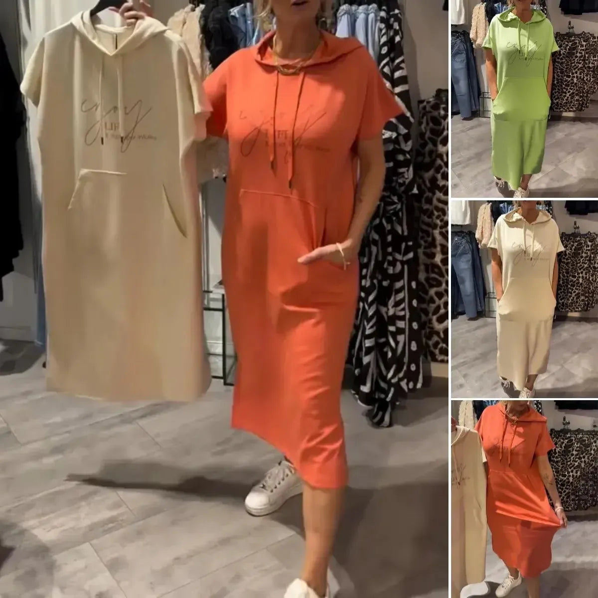 Solid Color Short Sleeve Hoodie Pocket Dress for Women