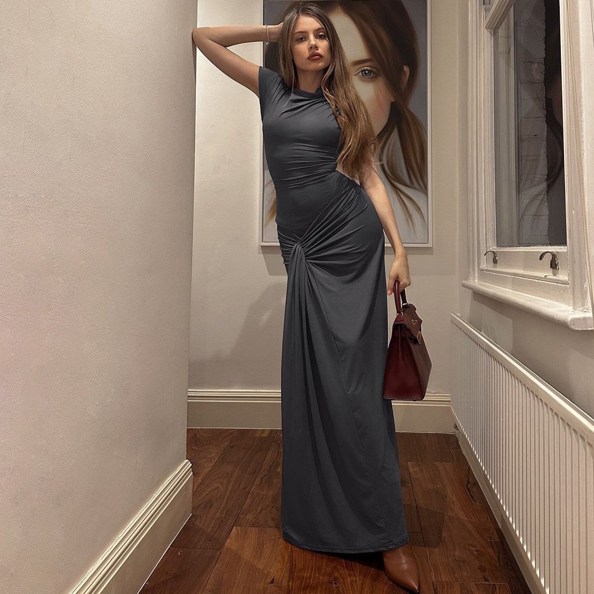 Slim-Fit Pleated Tie Waist Short Sleeve Dress