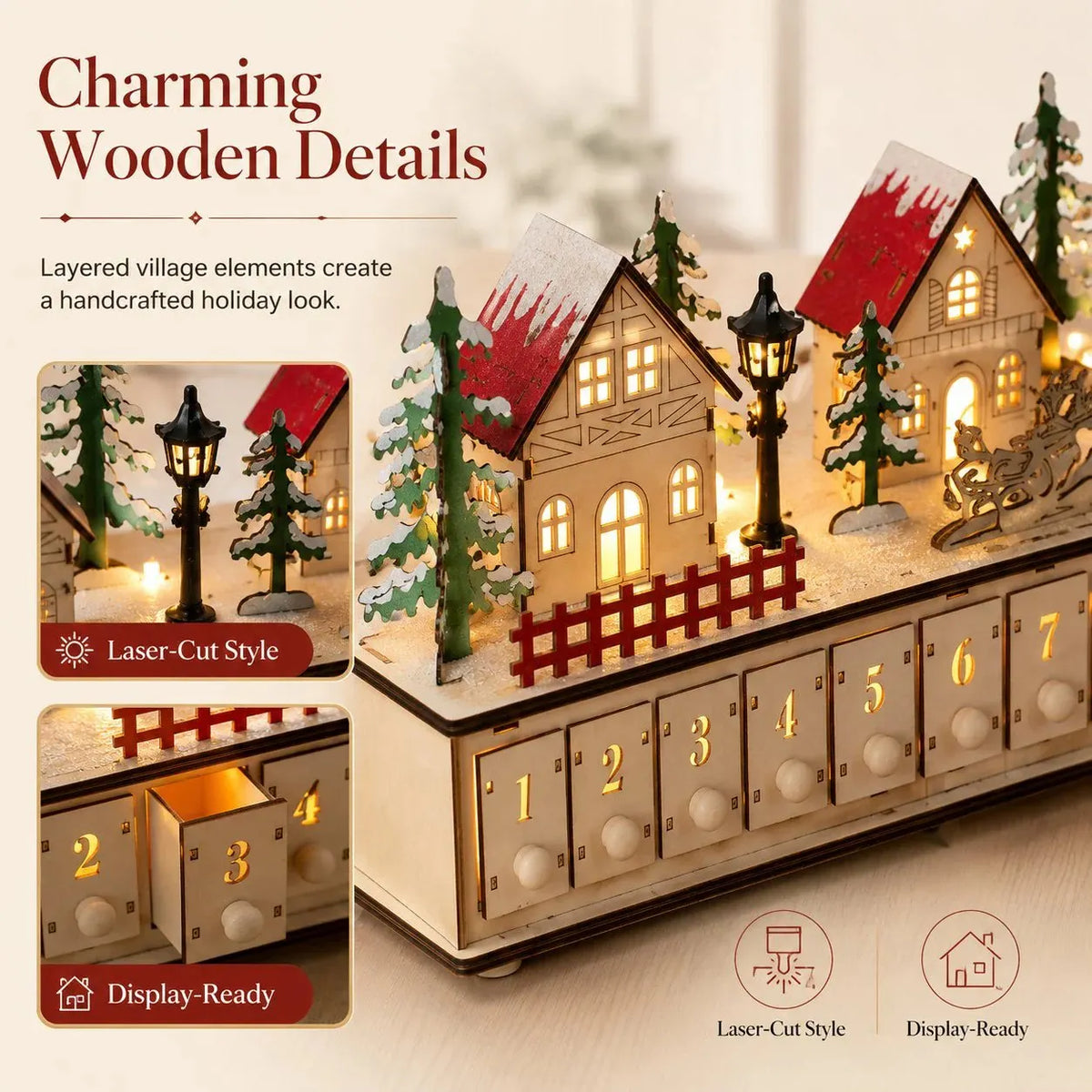 🔥HOT SALE🔥🏡🎁Wooden Village Advent Calendar With Led Glow