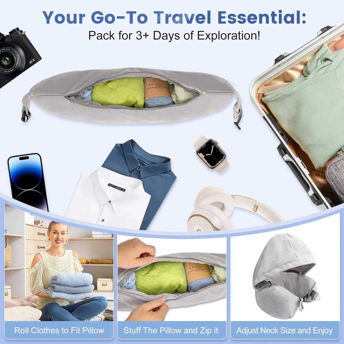 🛫 Hooded Stuffable Travel Pillow for Airplanes – Soft Velvet Neck Pillow with Travel Storage Compartment
