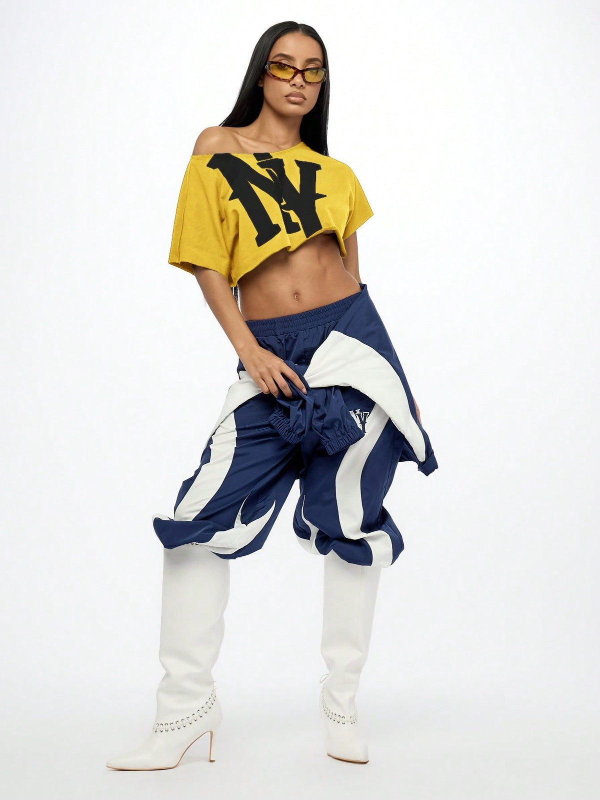WOMEN Off Shoulder NY Logo Slouchy Crop Tee Athletic Varsity Sports Fan Streetwear Workout Fashion Athleisure Cropped T-Shirt Summer Urban Style