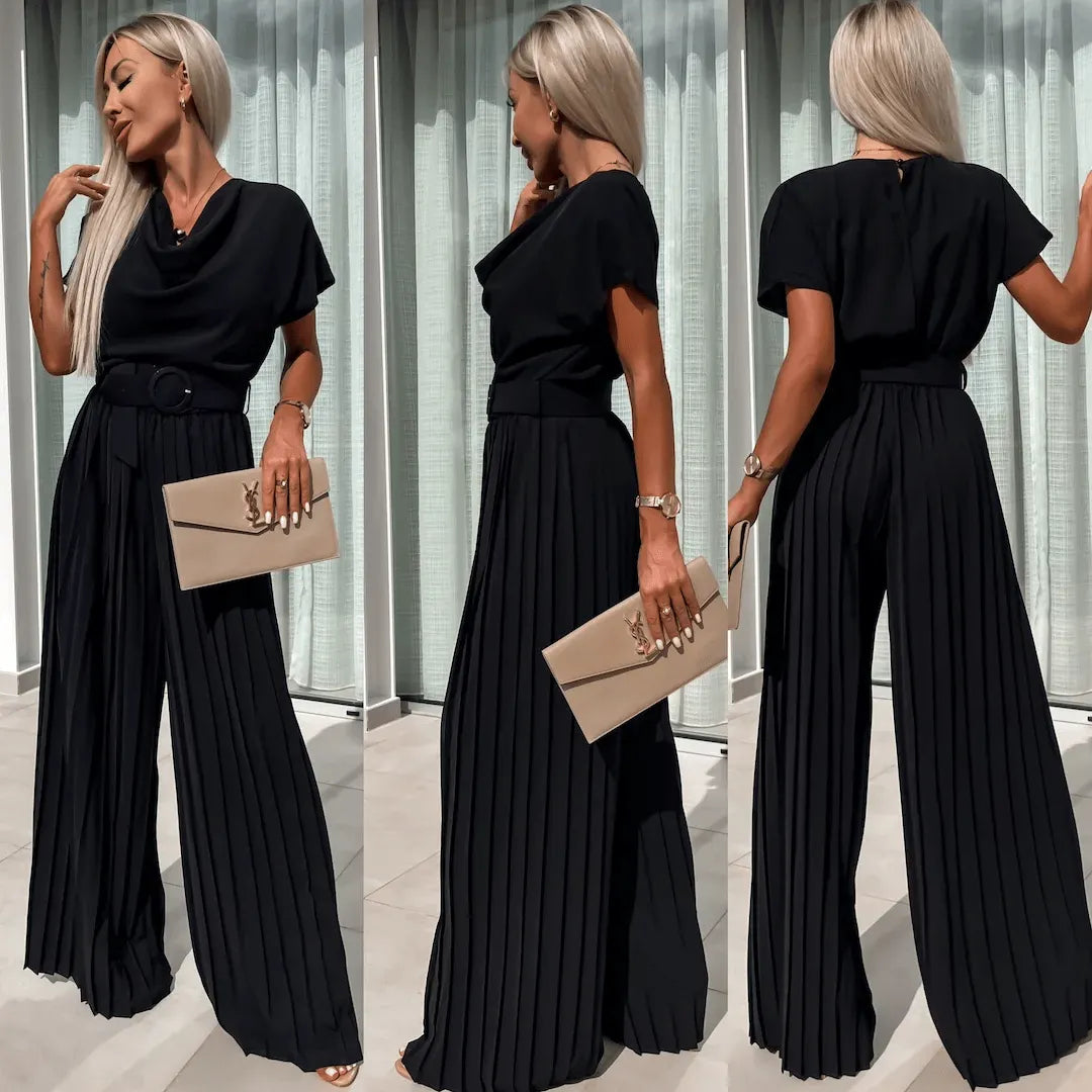 Casual Waistband Solid Color Pleated Wide Leg Jumpsuit