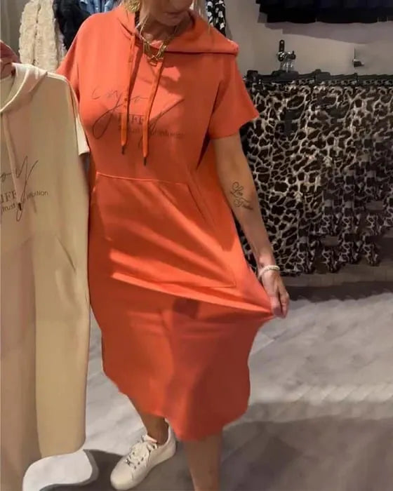 Solid Color Short Sleeve Hoodie Pocket Dress for Women