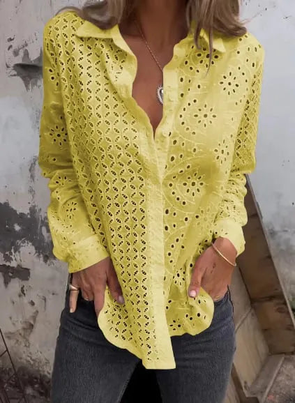 Women Hollow Out Button Tops Dressy Lace Eyelet
