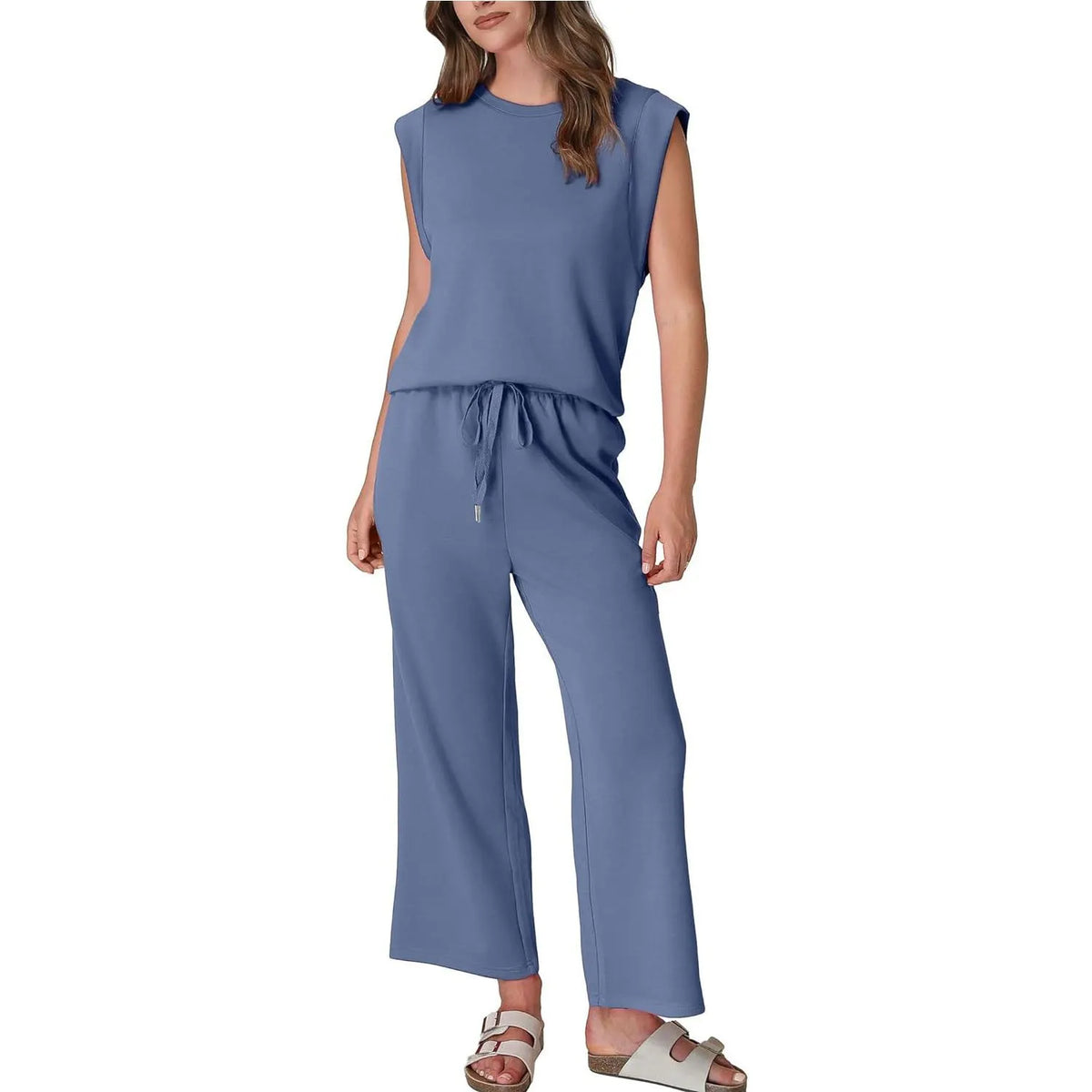 Women's Cap Sleeve Round Neck Lounge Set with Wide Leg Crop Pants