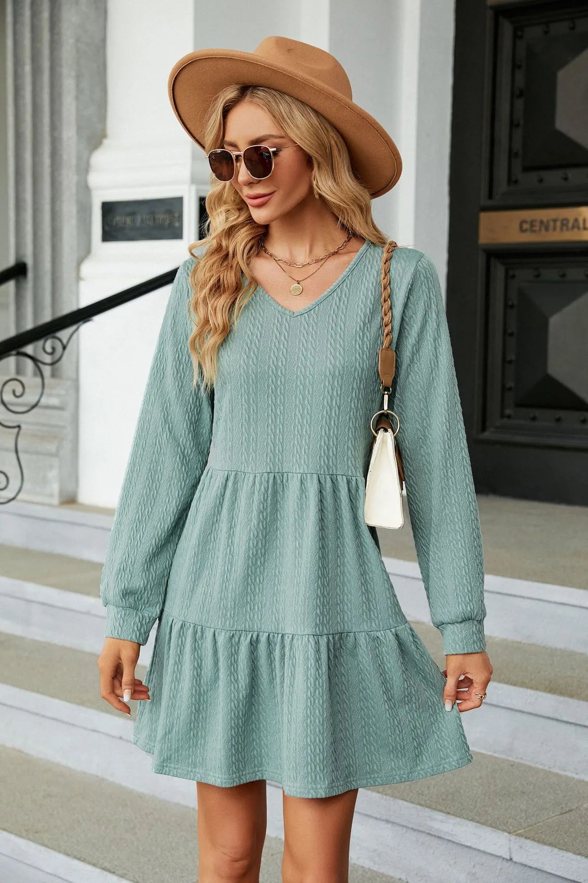 Women's V-Neck Lantern Sleeve Ruffle Trim Flowy Dress