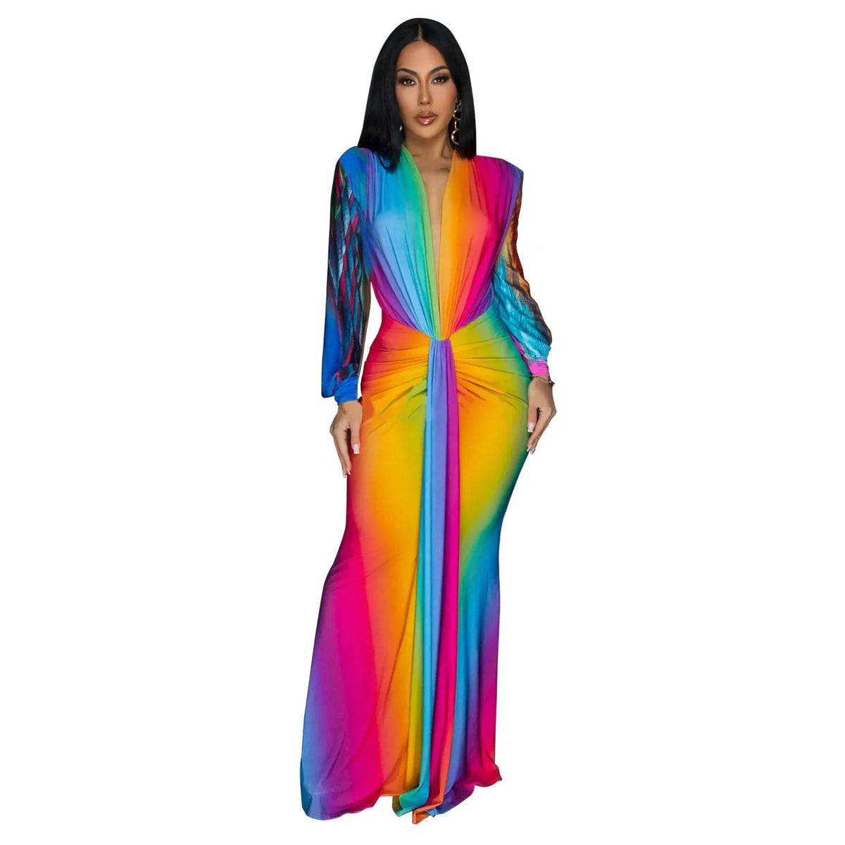 Ruched Deep V Neck Tummy Control Maxi Dress