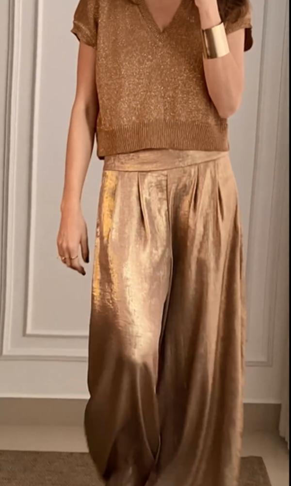 Women's Golden Thread Short-sleeved Top and Pant Suit Two-piece