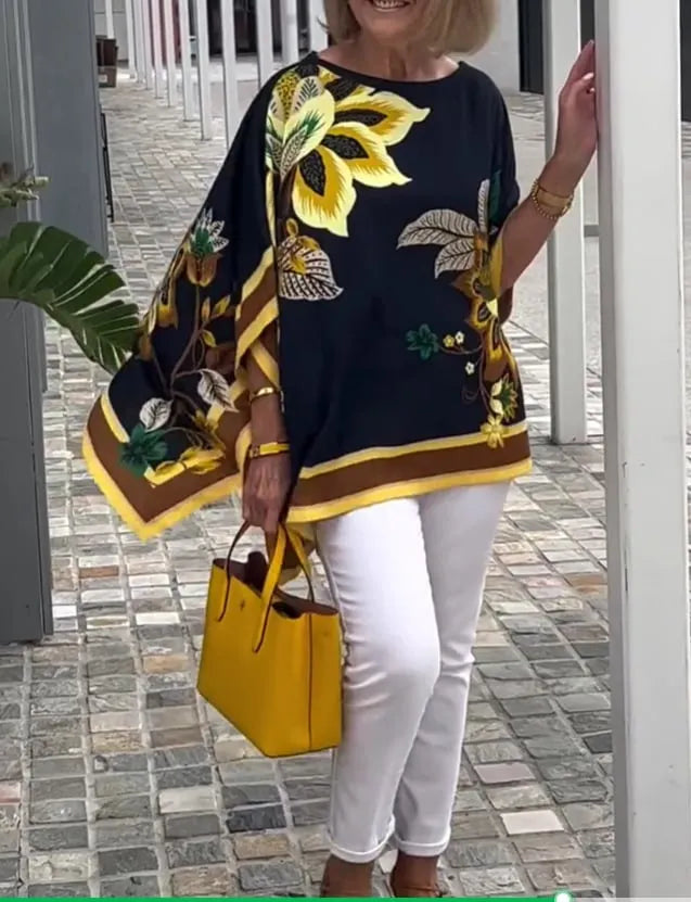Summer new style high-end printed short-sleeved mid-length top