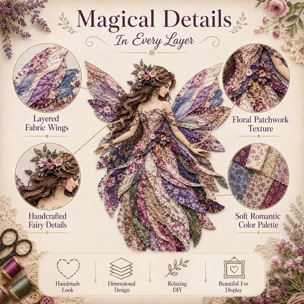 🔥HOT SALE🔥🧚‍♀️🌸 Premium Fairy Patchwork DIY Kit | High-Quality Layered Fabric with Floral Wings DIY Handmade Fantasy Wall Decor ✨15*12cm
