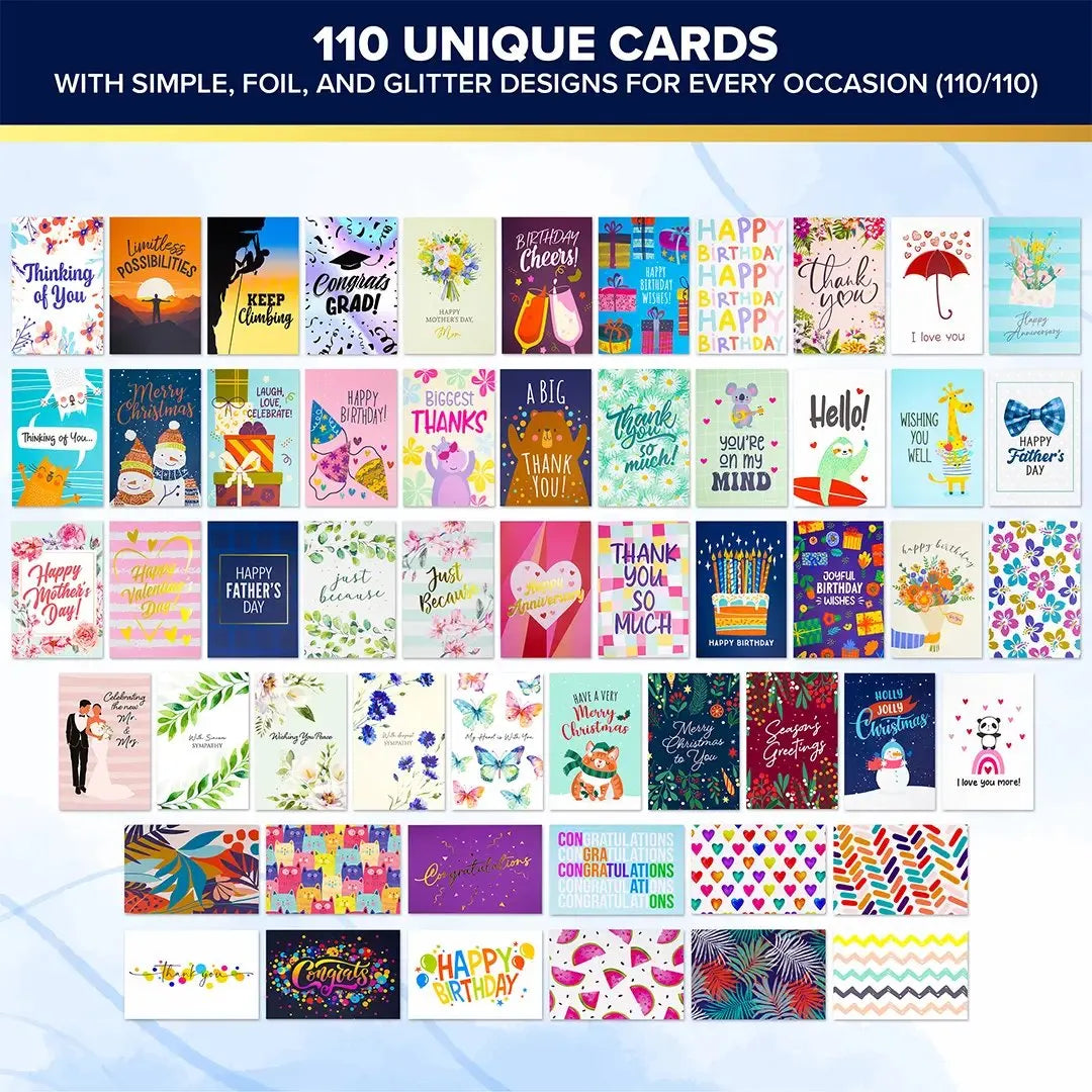 🎁 110 All Occasion Greeting Cards Box Set with Envelopes & Sticker Seals – Birthday, Thank You, Holiday, Wedding, Graduation & Celebration Cards Collection