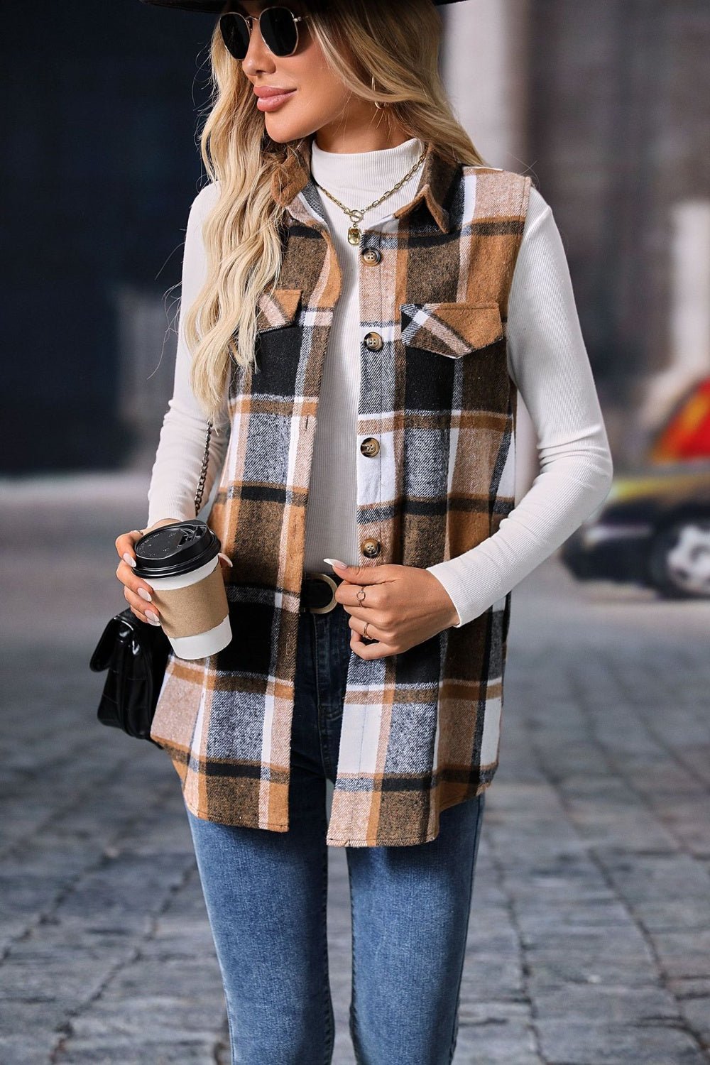 Women's Plaid Print Button Front Vest Coat
