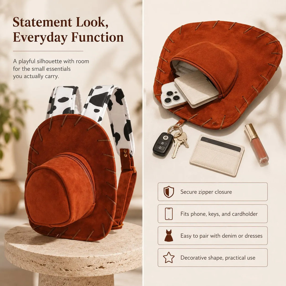 Western Hat-Shaped Velvet Backpack with Adjustable Straps and Zipper