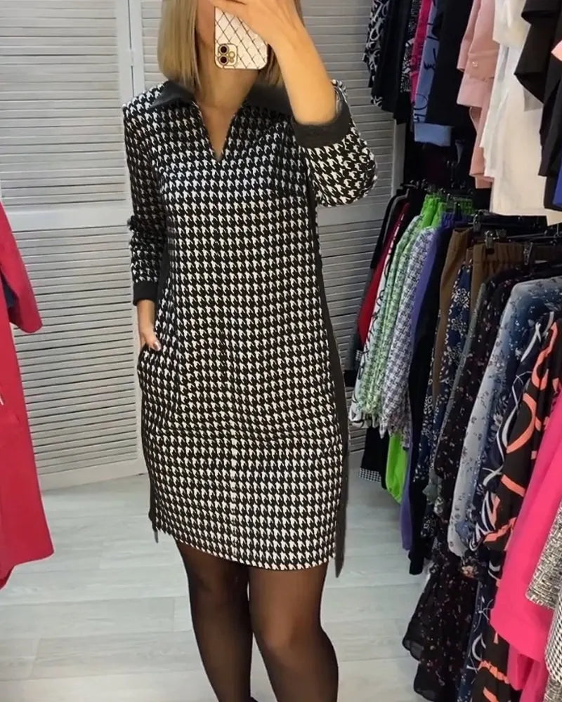 Lapel Pocket Checked Long Sleeve Dress