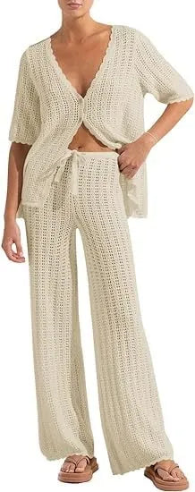 Women's Summer 2-Piece Swimsuit Coverup Crochet Knit Cardigan Tops Long Pants Set Bathing Suit Beach Outfit