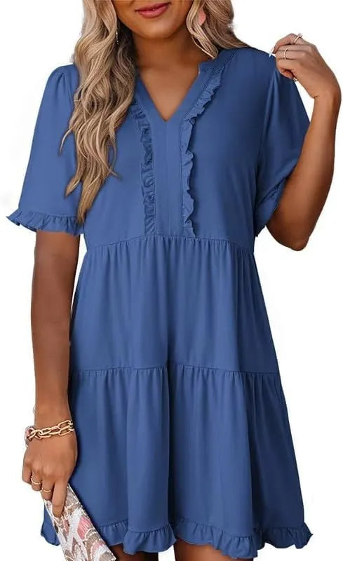 V Neck Short Sleeve Casual A Line Flowy Swing Shift Dress