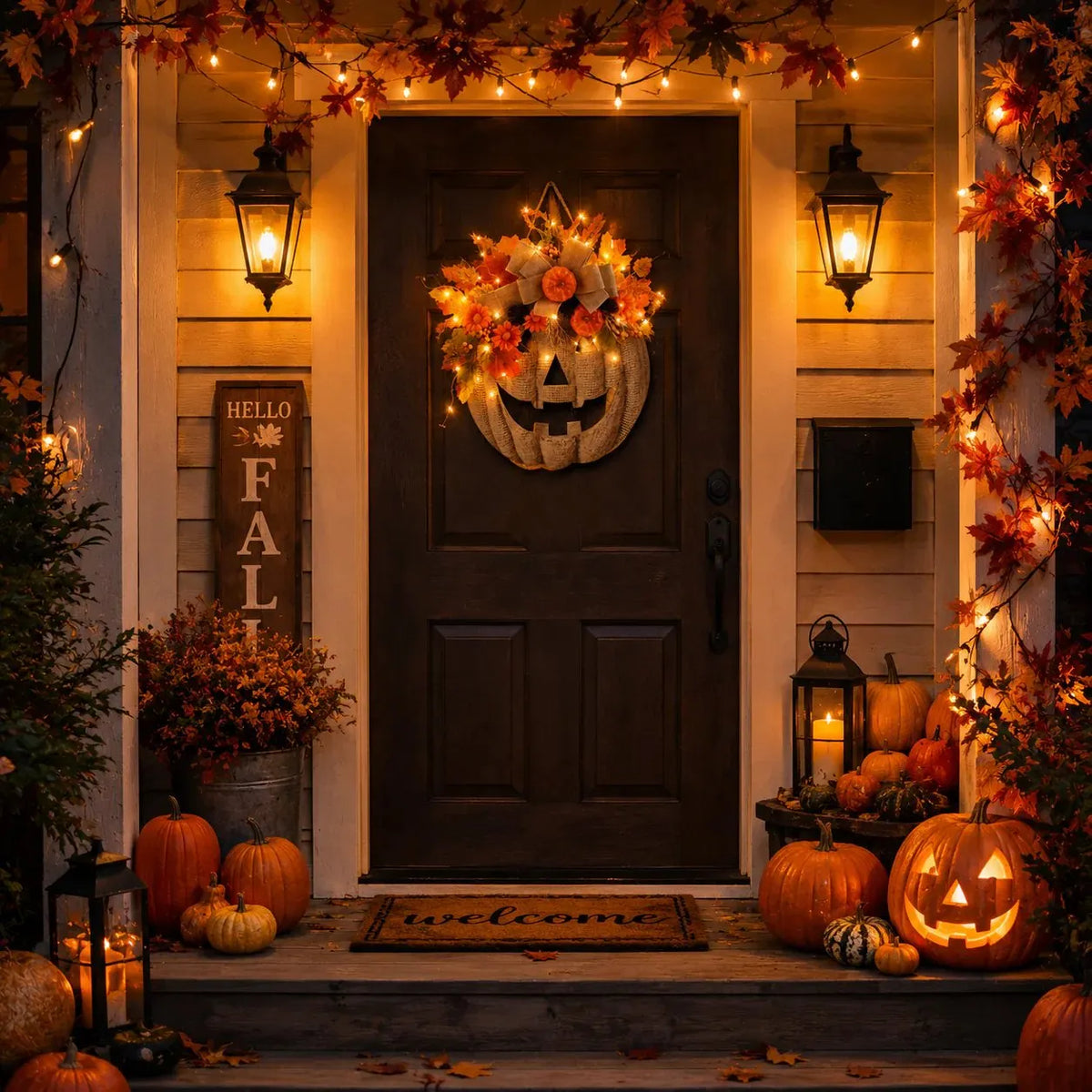 🔥HOT SALE🔥🎃✨ Lighted Burlap Pumpkin Wreath