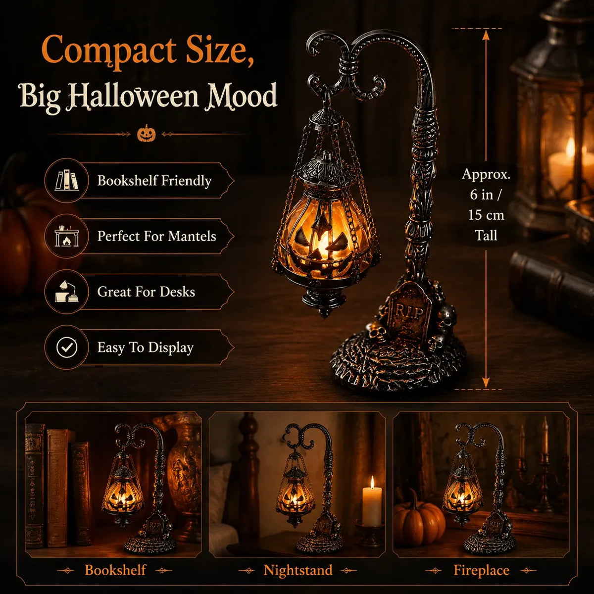🔥HOT SALE🔥🎃 Gothic Pumpkin Lantern Stand | Warm Orange LED Glow, Victorian Skull Details & Haunted Shelf Decor 🕯️