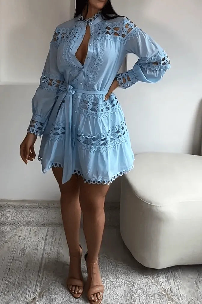 Women's Fashion Solid Color Single Breasted Lace Splicing Dress