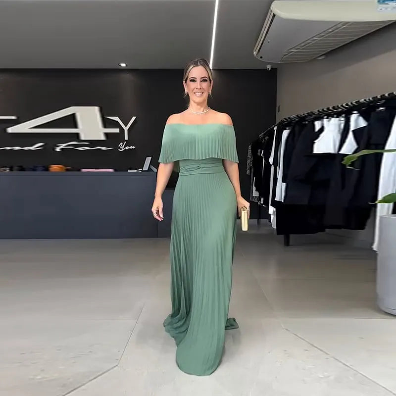 Women's News Pleated Flat shoulder sleeves Waist-Cinching Dress