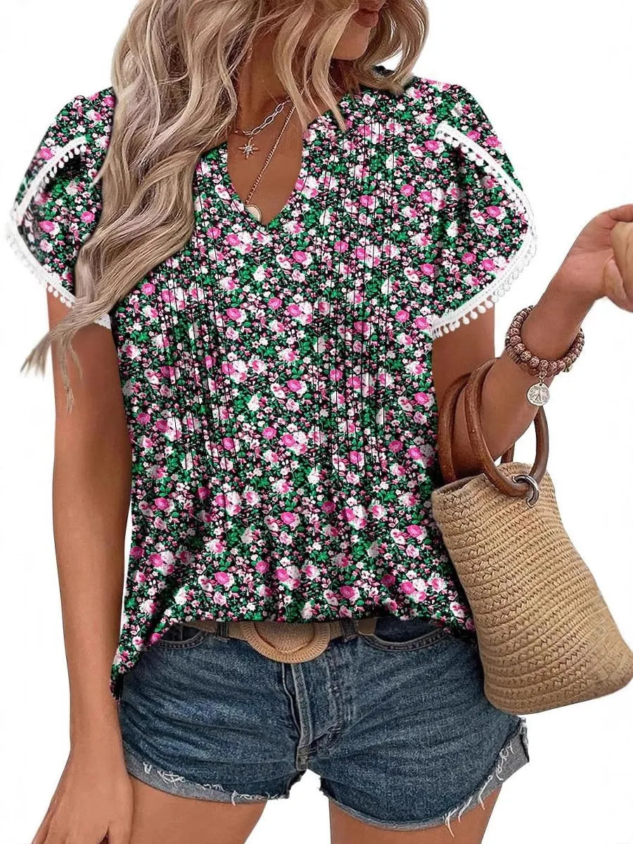 Women's Casual Petal Short Sleeve Printed Tops