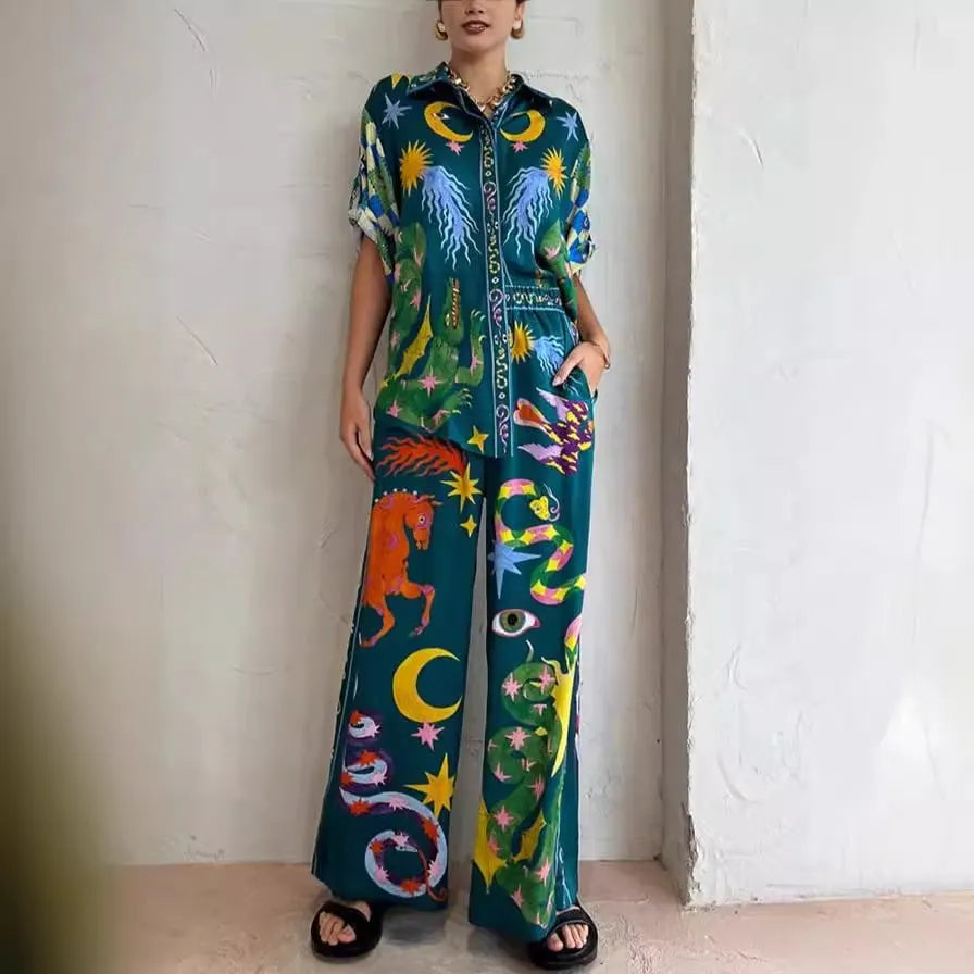 Beachy Chic Unique Print Button Down Oversized Two-Piece Set